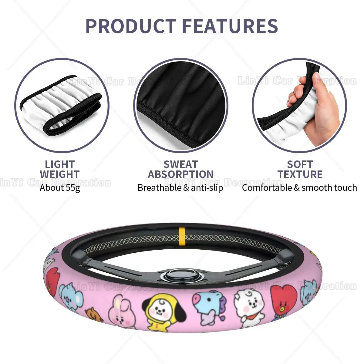 Kawaii Anime Car Steering Wheel Cover Kpop Cute Elastic Cartoon Steering Wheel Cover Suitable Car Accessories Fit Most Vehicles