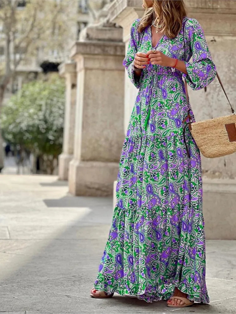 Women's Autumn New Fashionable Printed Sexy V-neck Long Sleeve High Waist Elastic Waist Medium Length Bohemian Dress