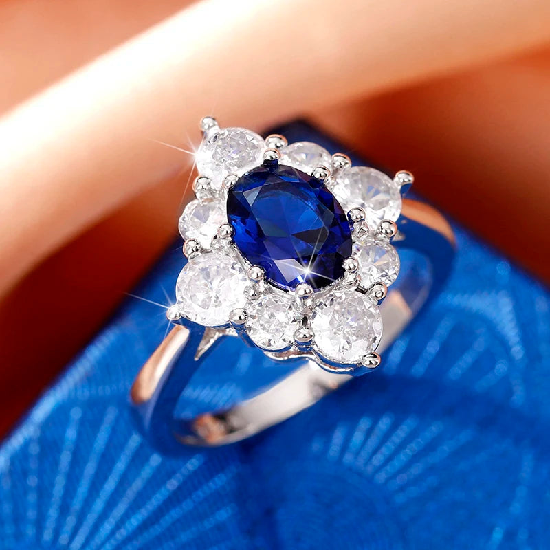 Huitan Vintage Blue Cubic Zirconia Rings for Women Sparkling Wedding Bands Accessories Lady's Rings Anniversary Party Jewelry