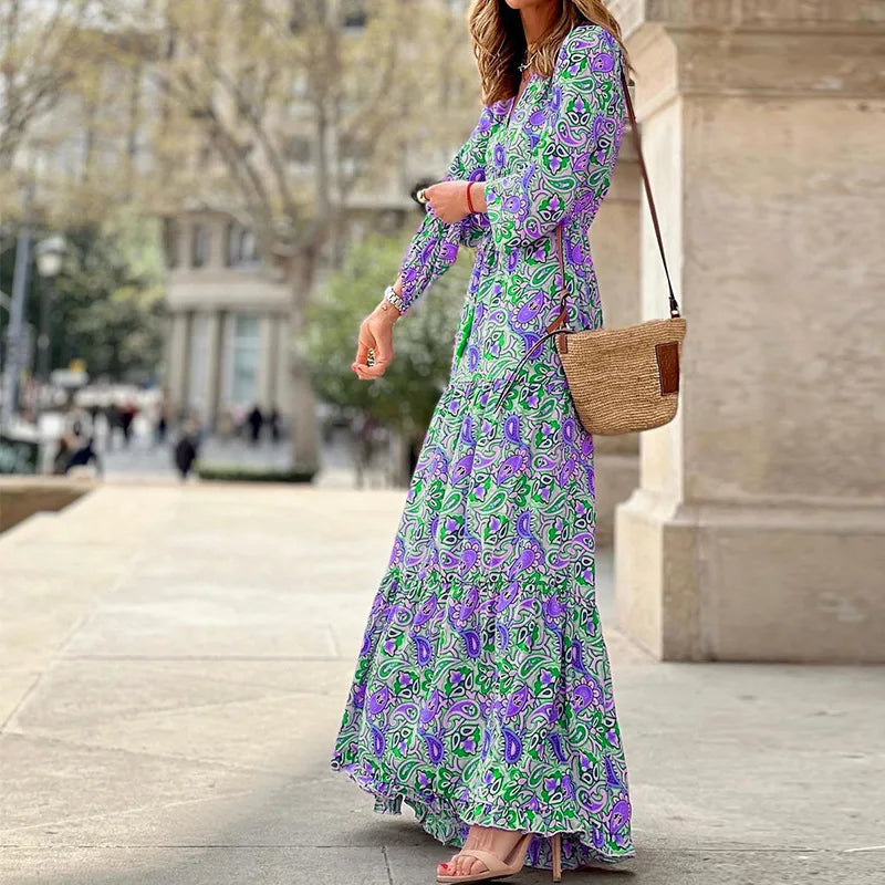 Women's Autumn New Fashionable Printed Sexy V-neck Long Sleeve High Waist Elastic Waist Medium Length Bohemian Dress
