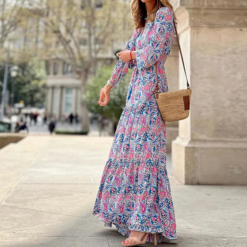 Women's Autumn New Fashionable Printed Sexy V-neck Long Sleeve High Waist Elastic Waist Medium Length Bohemian Dress