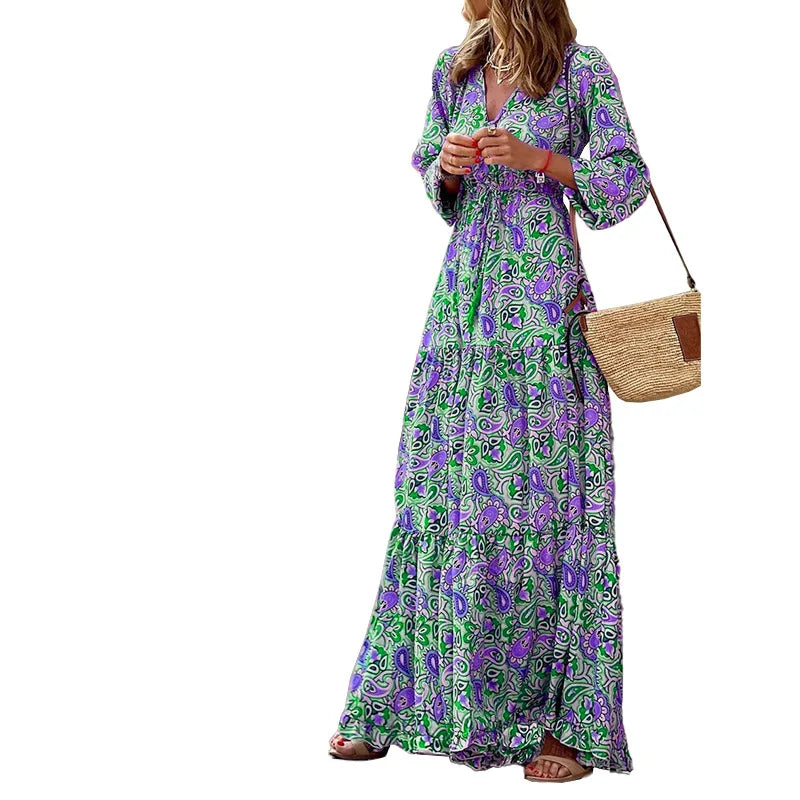 Women's Autumn New Fashionable Printed Sexy V-neck Long Sleeve High Waist Elastic Waist Medium Length Bohemian Dress