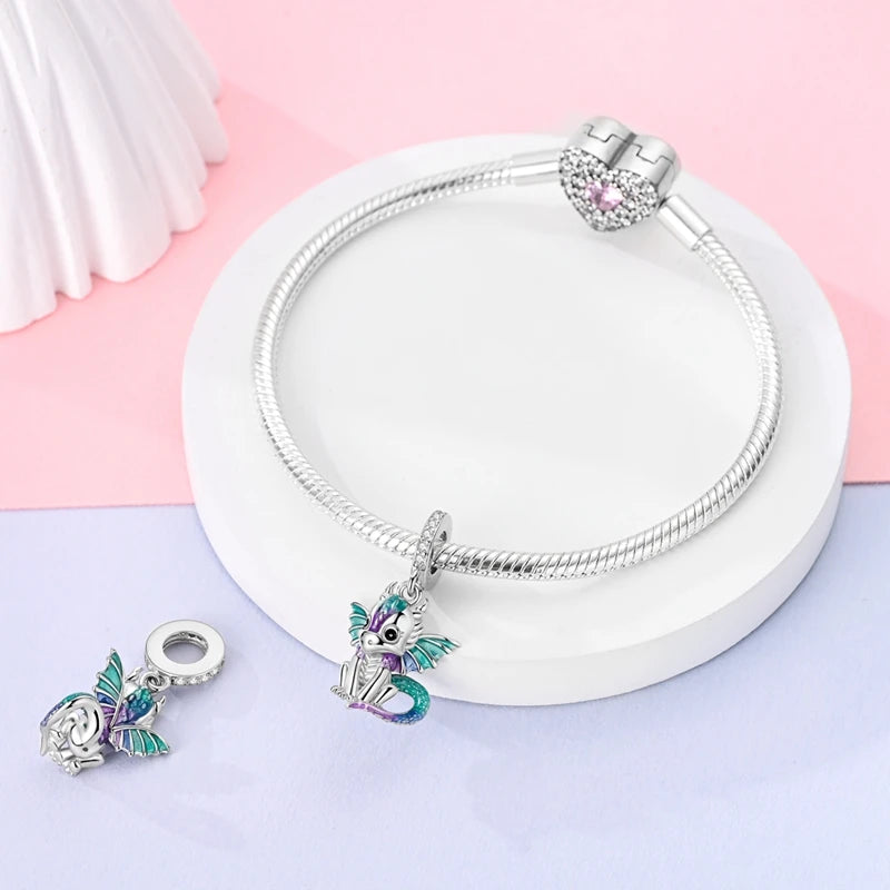 925 Sterling Silver Lovely Cat Dog Fire Dragon Dinosaur Animal Charms Beads Fit Pandach Original Bracelets Fine DIY Jewelry Gift