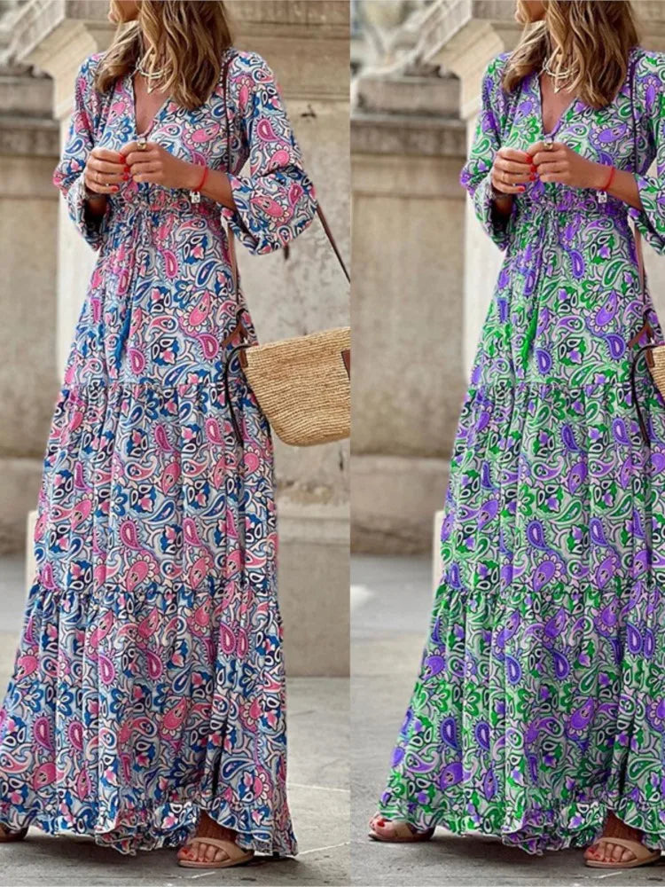 Women's Autumn New Fashionable Printed Sexy V-neck Long Sleeve High Waist Elastic Waist Medium Length Bohemian Dress