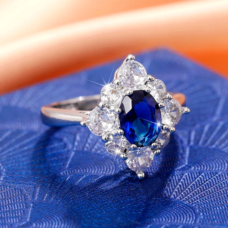 Huitan Vintage Blue Cubic Zirconia Rings for Women Sparkling Wedding Bands Accessories Lady's Rings Anniversary Party Jewelry