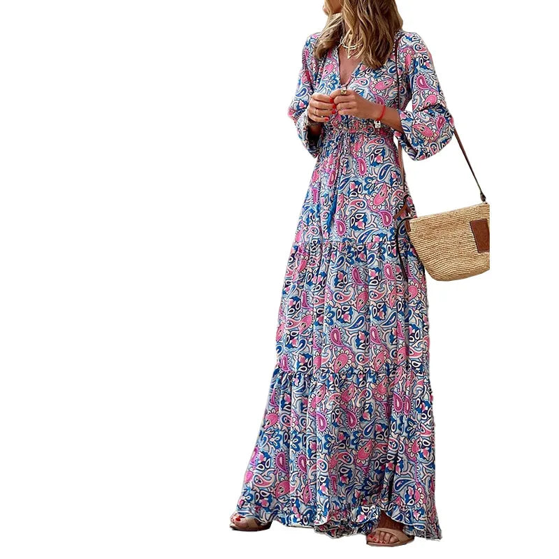 Women's Autumn New Fashionable Printed Sexy V-neck Long Sleeve High Waist Elastic Waist Medium Length Bohemian Dress