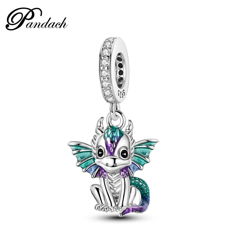 925 Sterling Silver Lovely Cat Dog Fire Dragon Dinosaur Animal Charms Beads Fit Pandach Original Bracelets Fine DIY Jewelry Gift