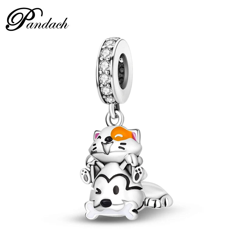 925 Sterling Silver Lovely Cat Dog Fire Dragon Dinosaur Animal Charms Beads Fit Pandach Original Bracelets Fine DIY Jewelry Gift