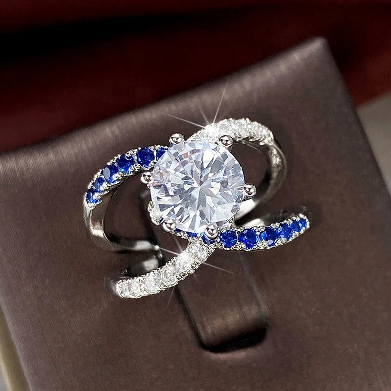 Huitan Vintage Blue Cubic Zirconia Rings for Women Sparkling Wedding Bands Accessories Lady's Rings Anniversary Party Jewelry