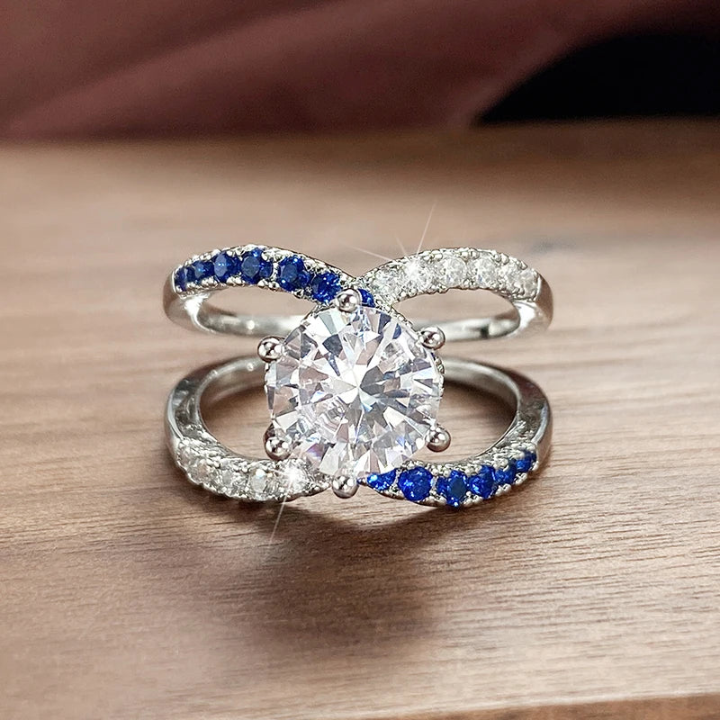 Huitan Vintage Blue Cubic Zirconia Rings for Women Sparkling Wedding Bands Accessories Lady's Rings Anniversary Party Jewelry