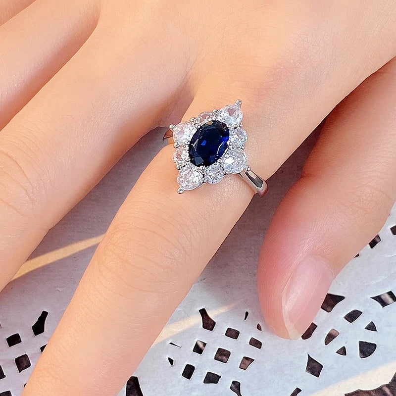 Huitan Vintage Blue Cubic Zirconia Rings for Women Sparkling Wedding Bands Accessories Lady's Rings Anniversary Party Jewelry