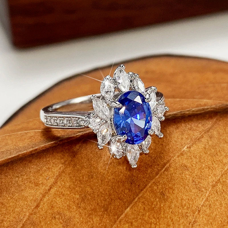 Huitan Vintage Blue Cubic Zirconia Rings for Women Sparkling Wedding Bands Accessories Lady's Rings Anniversary Party Jewelry
