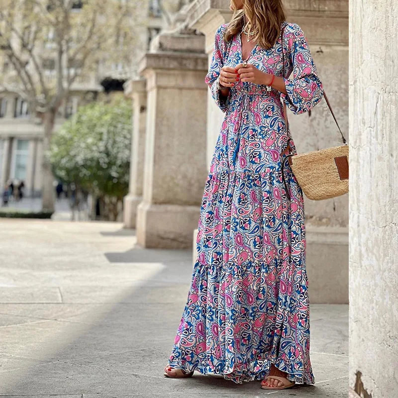 Women's Autumn New Fashionable Printed Sexy V-neck Long Sleeve High Waist Elastic Waist Medium Length Bohemian Dress