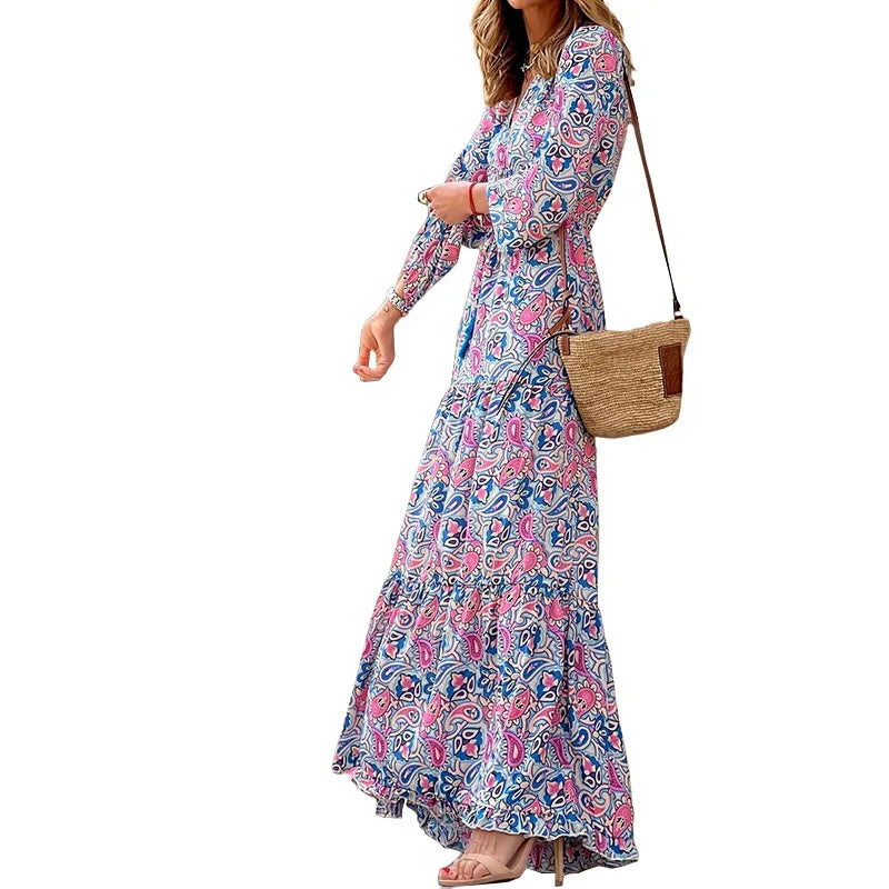 Women's Autumn New Fashionable Printed Sexy V-neck Long Sleeve High Waist Elastic Waist Medium Length Bohemian Dress