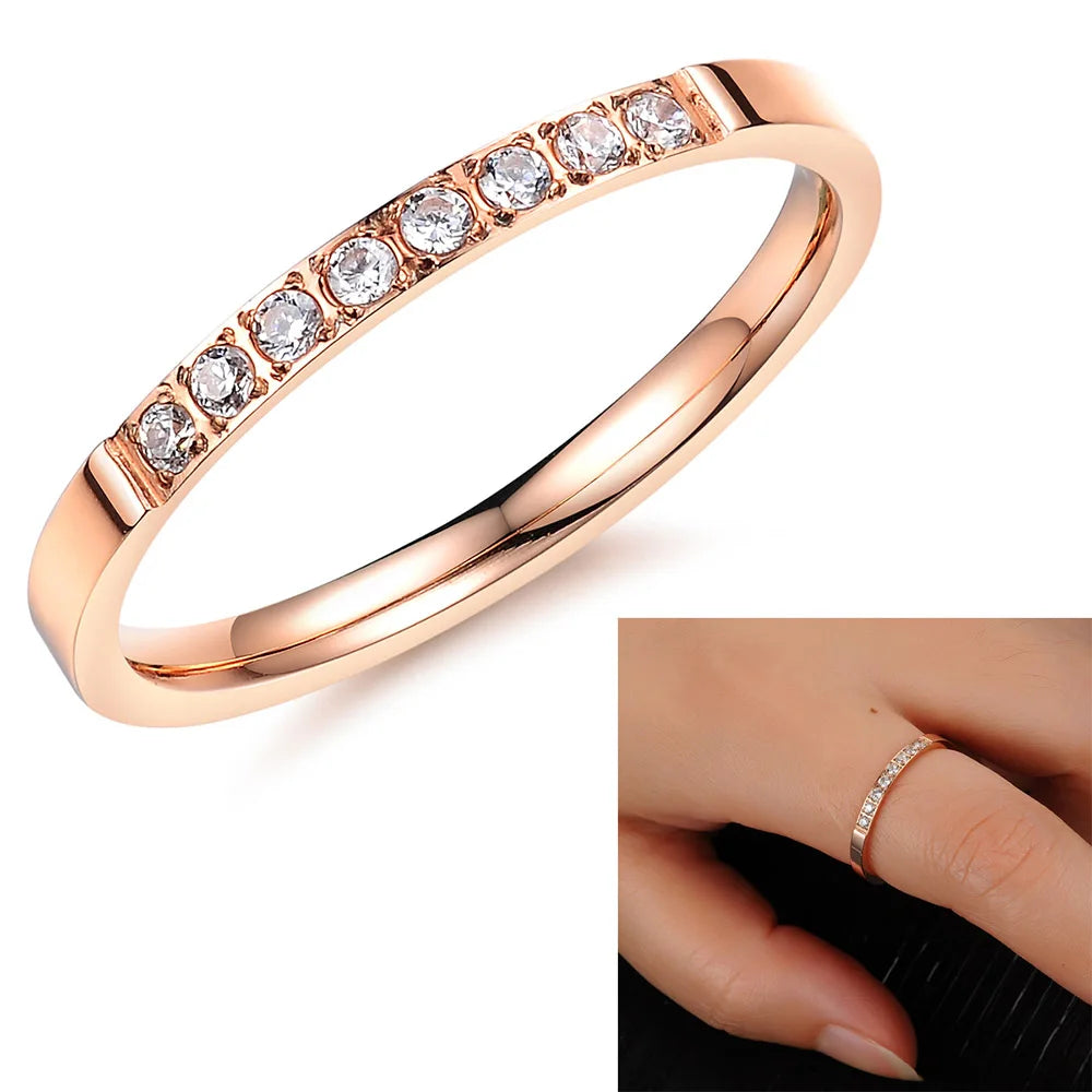 JeeMango New Arrival Rose Gold Color Simple Rings Jewelry Inlaid Cubic Zirconia For Women Stainless Steel Wedding Ring JR19171