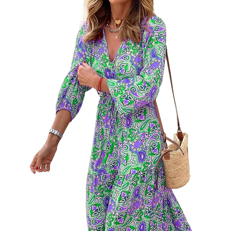 Women's Autumn New Fashionable Printed Sexy V-neck Long Sleeve High Waist Elastic Waist Medium Length Bohemian Dress