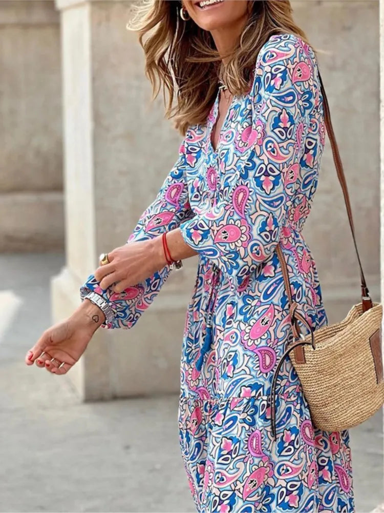 Women's Autumn New Fashionable Printed Sexy V-neck Long Sleeve High Waist Elastic Waist Medium Length Bohemian Dress