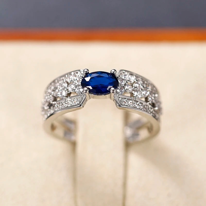 Huitan Vintage Blue Cubic Zirconia Rings for Women Sparkling Wedding Bands Accessories Lady's Rings Anniversary Party Jewelry