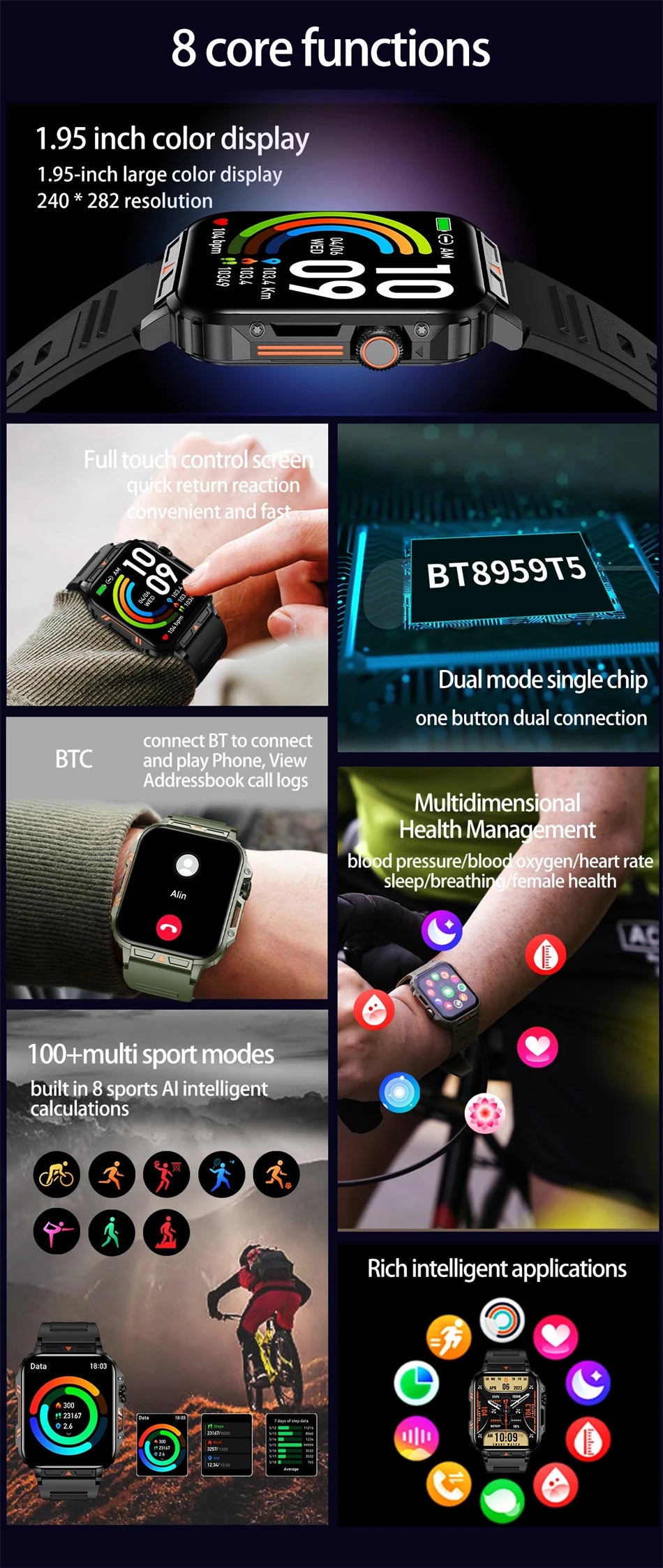 2024 New Smart Watch Men 1.95 Inches Bluetooth Call IP68 Waterproof Sport Mode Health monitoring Smartwatches For Huawei Xiaomi