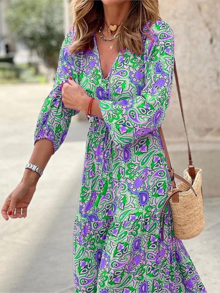 Women's Autumn New Fashionable Printed Sexy V-neck Long Sleeve High Waist Elastic Waist Medium Length Bohemian Dress