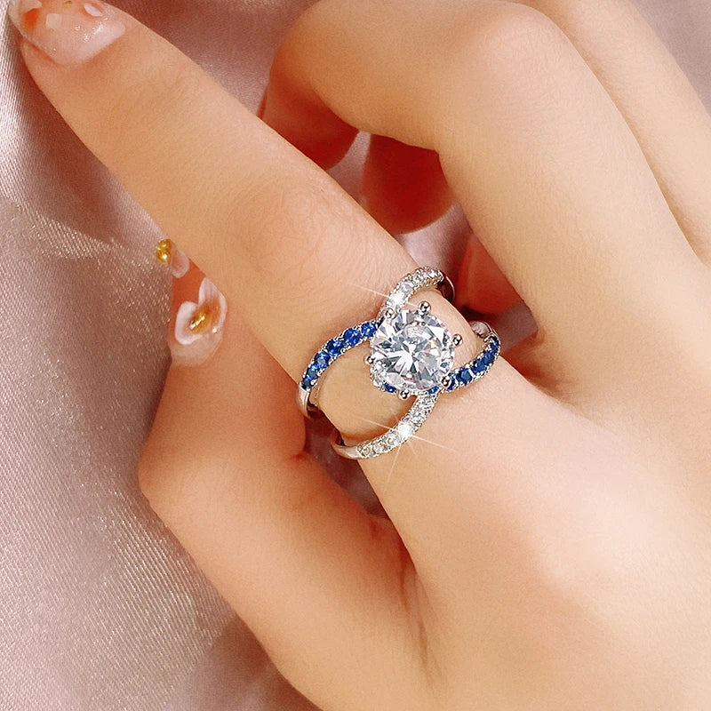 Huitan Vintage Blue Cubic Zirconia Rings for Women Sparkling Wedding Bands Accessories Lady's Rings Anniversary Party Jewelry
