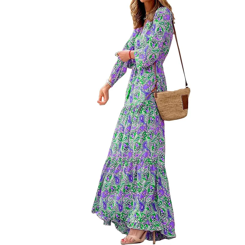 Women's Autumn New Fashionable Printed Sexy V-neck Long Sleeve High Waist Elastic Waist Medium Length Bohemian Dress