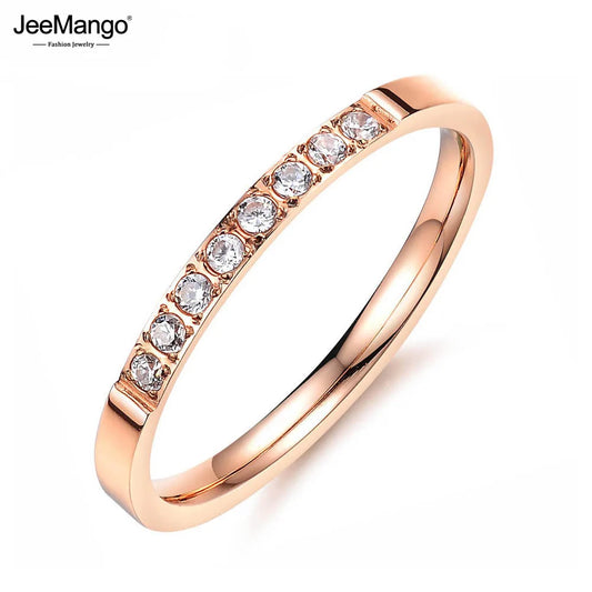 JeeMango New Arrival Rose Gold Color Simple Rings Jewelry Inlaid Cubic Zirconia For Women Stainless Steel Wedding Ring JR19171