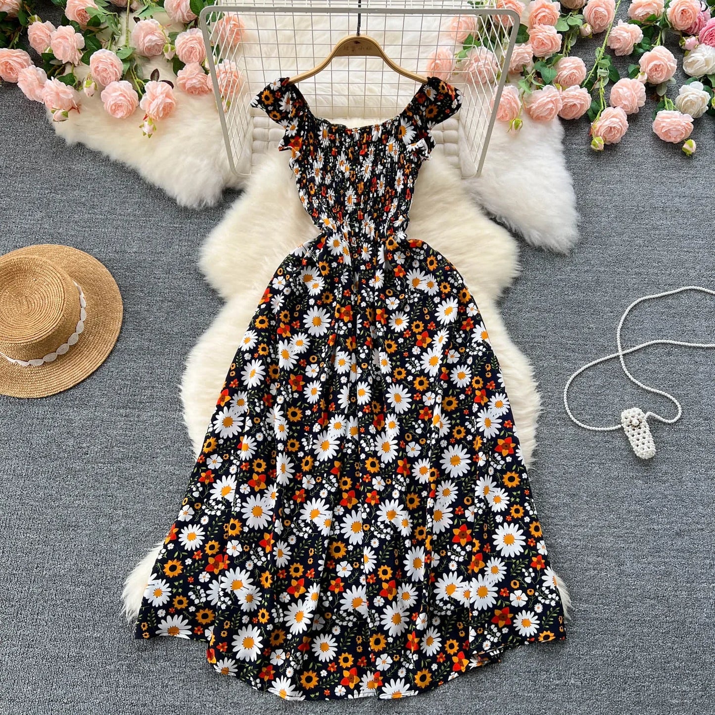 2024 Printing New Summer For Women Dress Pleated Sleeveless Party Long Dress Korean Floral Streetwear Outfits Vacation Vestidos