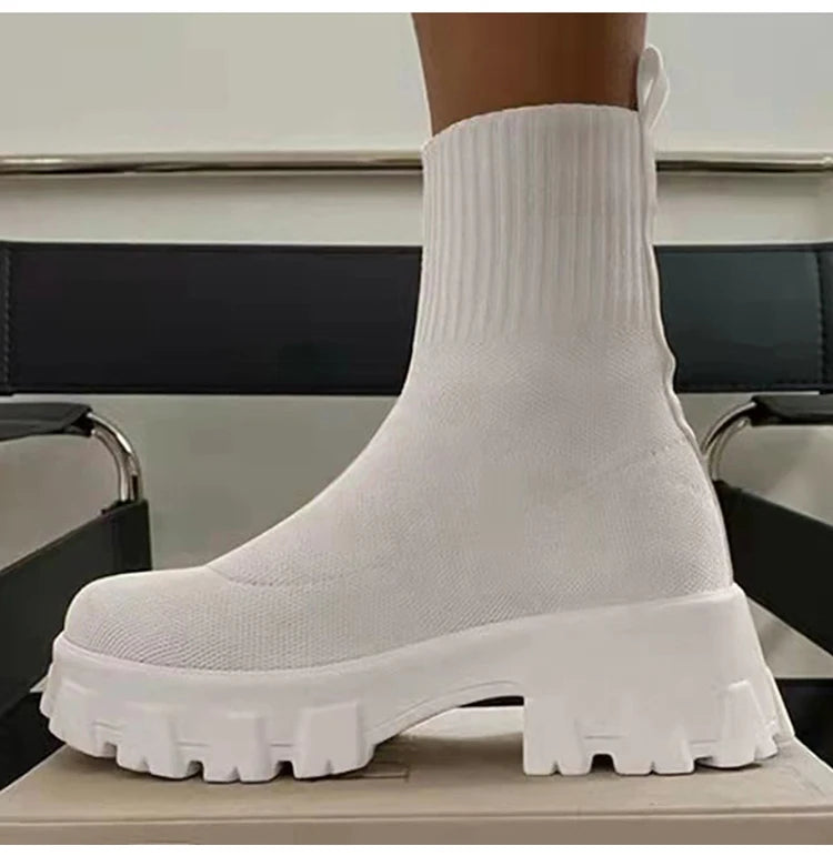 Women Boots Elastic Platform Boots Breathable Spring Summer Heels Botas Mujer Slip On Ankle Boots Elegant Woman Heeled Shoes