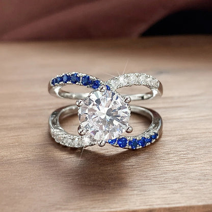 Huitan Vintage Blue Cubic Zirconia Rings for Women Sparkling Wedding Bands Accessories Lady's Rings Anniversary Party Jewelry
