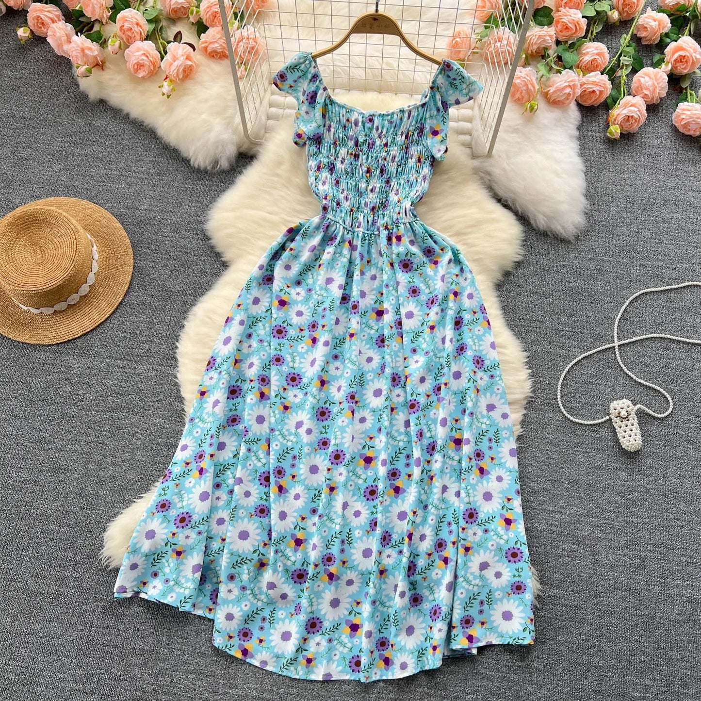 2024 Printing New Summer For Women Dress Pleated Sleeveless Party Long Dress Korean Floral Streetwear Outfits Vacation Vestidos