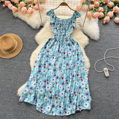 2024 Printing New Summer For Women Dress Pleated Sleeveless Party Long Dress Korean Floral Streetwear Outfits Vacation Vestidos