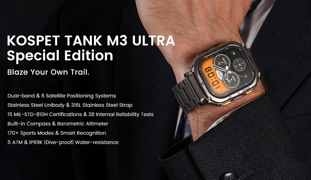 KOSPET TANK M3 Ultra GPS Smart Watch For Men Compass Altimeter Barometric 480mAh Military Digital AMOLED Bluetooth Call Watches