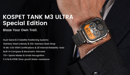 KOSPET TANK M3 Ultra GPS Smart Watch For Men Compass Altimeter Barometric 480mAh Military Digital AMOLED Bluetooth Call Watches
