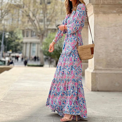 Women's Autumn New Fashionable Printed Sexy V-neck Long Sleeve High Waist Elastic Waist Medium Length Bohemian Dress