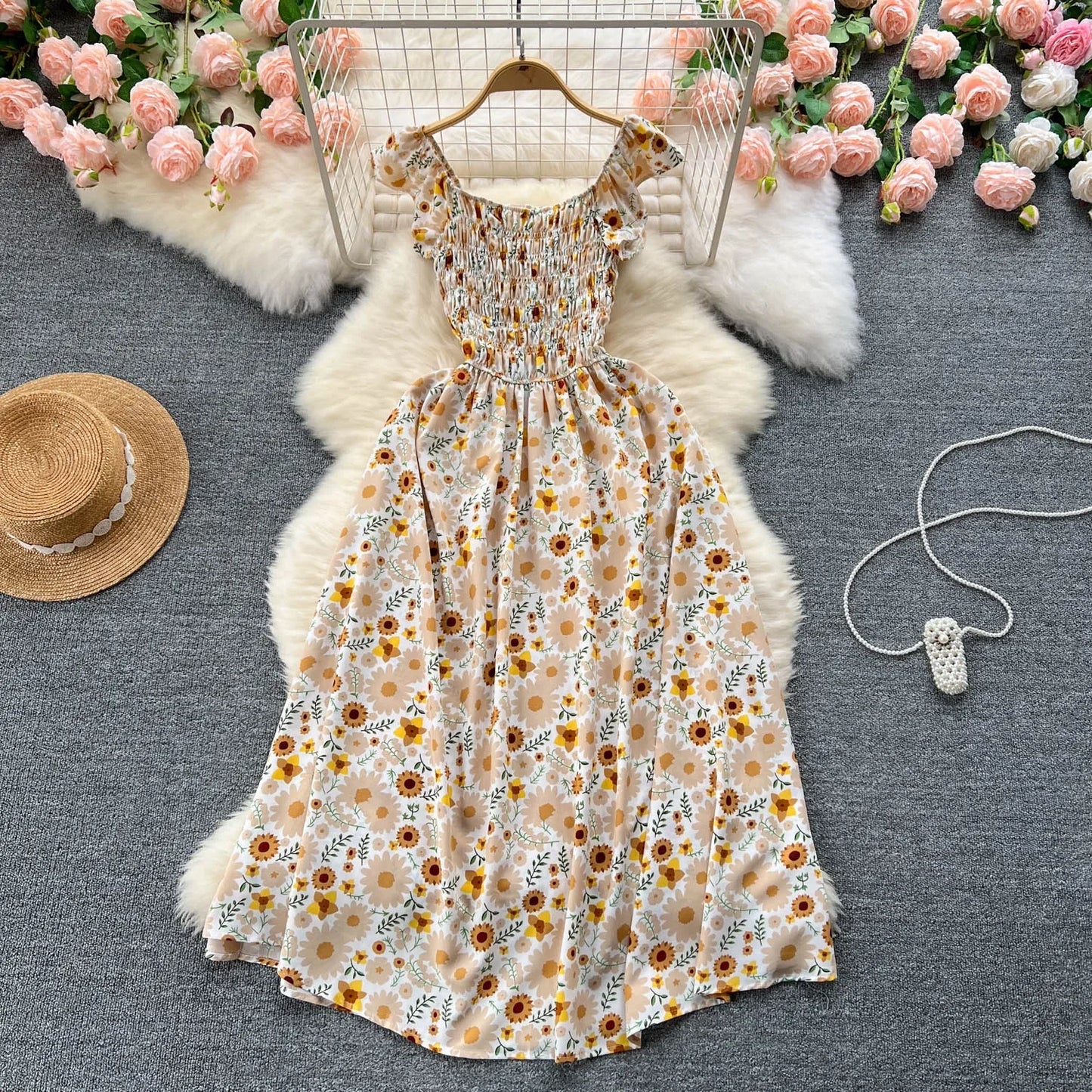 2024 Printing New Summer For Women Dress Pleated Sleeveless Party Long Dress Korean Floral Streetwear Outfits Vacation Vestidos
