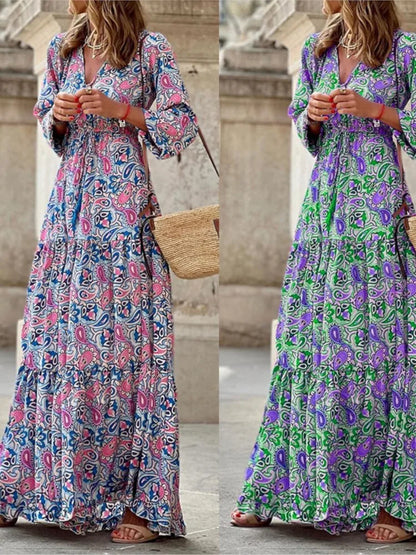 Women's Autumn New Fashionable Printed Sexy V-neck Long Sleeve High Waist Elastic Waist Medium Length Bohemian Dress
