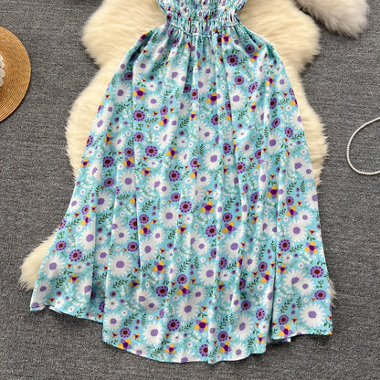 2024 Printing New Summer For Women Dress Pleated Sleeveless Party Long Dress Korean Floral Streetwear Outfits Vacation Vestidos