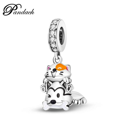 925 Sterling Silver Lovely Cat Dog Fire Dragon Dinosaur Animal Charms Beads Fit Pandach Original Bracelets Fine DIY Jewelry Gift