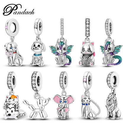 925 Sterling Silver Lovely Cat Dog Fire Dragon Dinosaur Animal Charms Beads Fit Pandach Original Bracelets Fine DIY Jewelry Gift