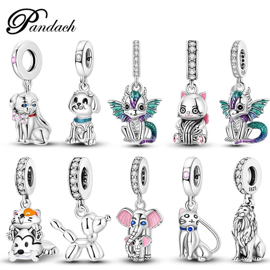 925 Sterling Silver Lovely Cat Dog Fire Dragon Dinosaur Animal Charms Beads Fit Pandach Original Bracelets Fine DIY Jewelry Gift