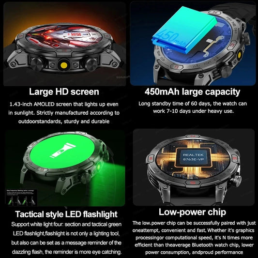 2024 For Xiaomi Outdoor Military Flashlight GPS Smart Watch Man AMOLED HD Screen Heart Rate BT Call 5ATM Waterproof Smartwatches