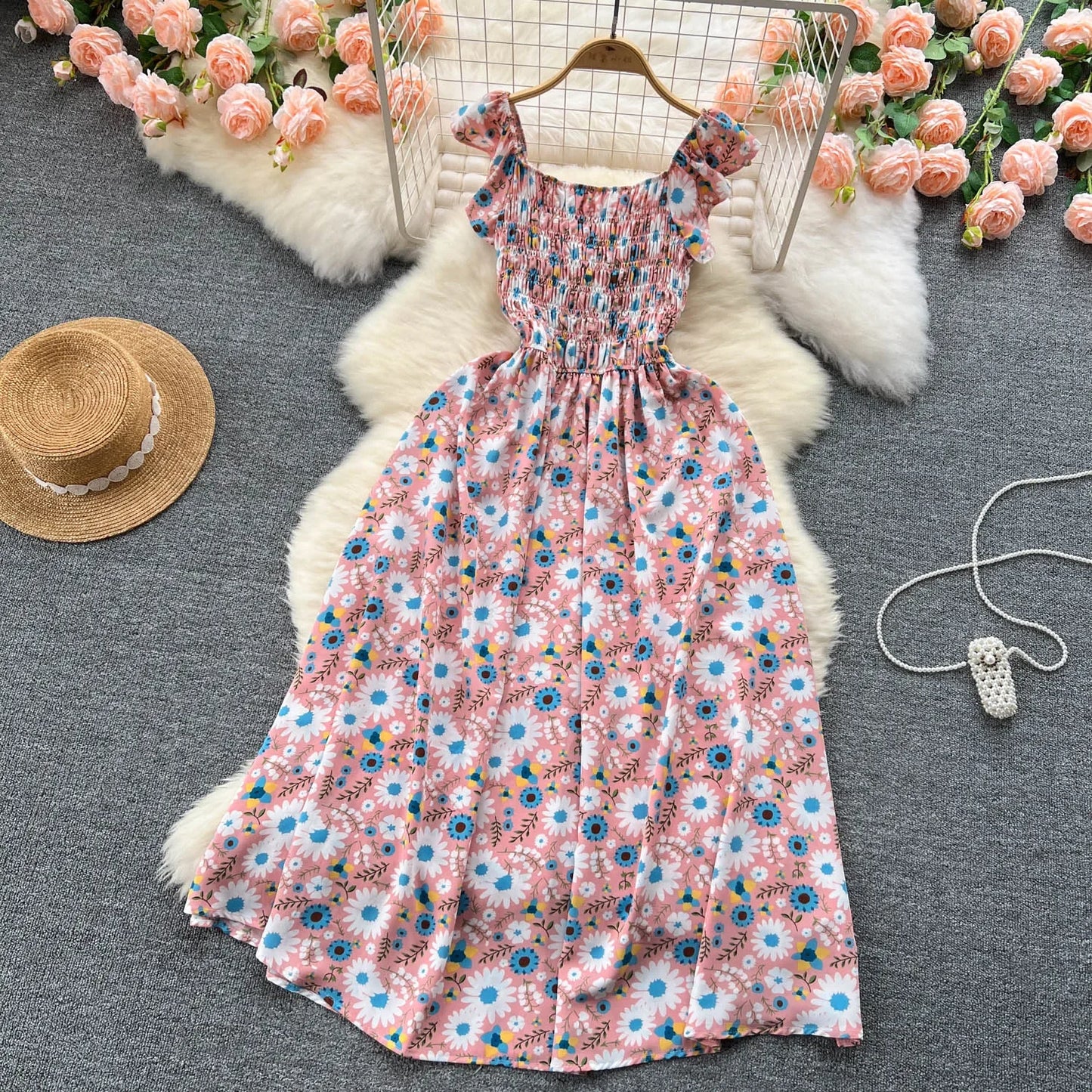 2024 Printing New Summer For Women Dress Pleated Sleeveless Party Long Dress Korean Floral Streetwear Outfits Vacation Vestidos