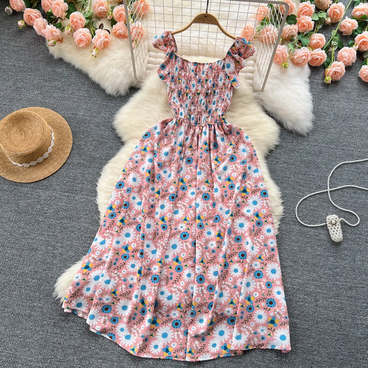 2024 Printing New Summer For Women Dress Pleated Sleeveless Party Long Dress Korean Floral Streetwear Outfits Vacation Vestidos