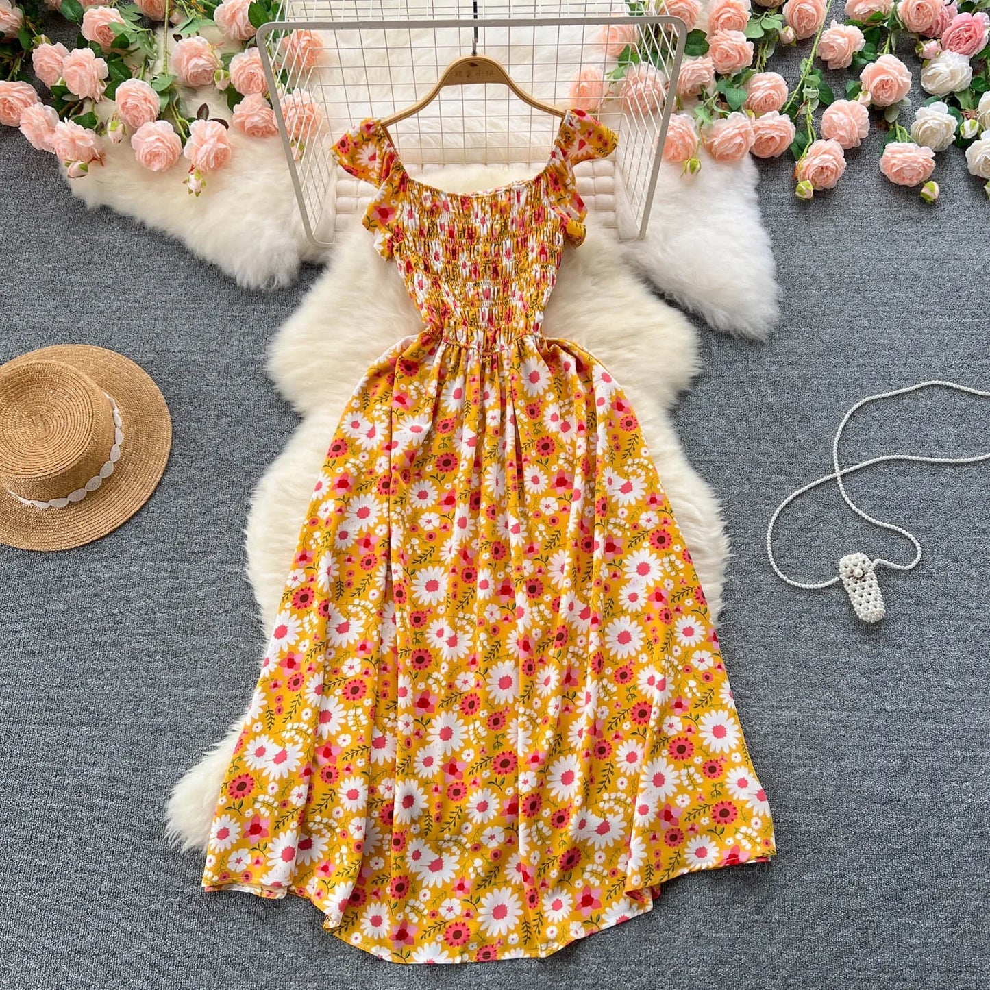 2024 Printing New Summer For Women Dress Pleated Sleeveless Party Long Dress Korean Floral Streetwear Outfits Vacation Vestidos
