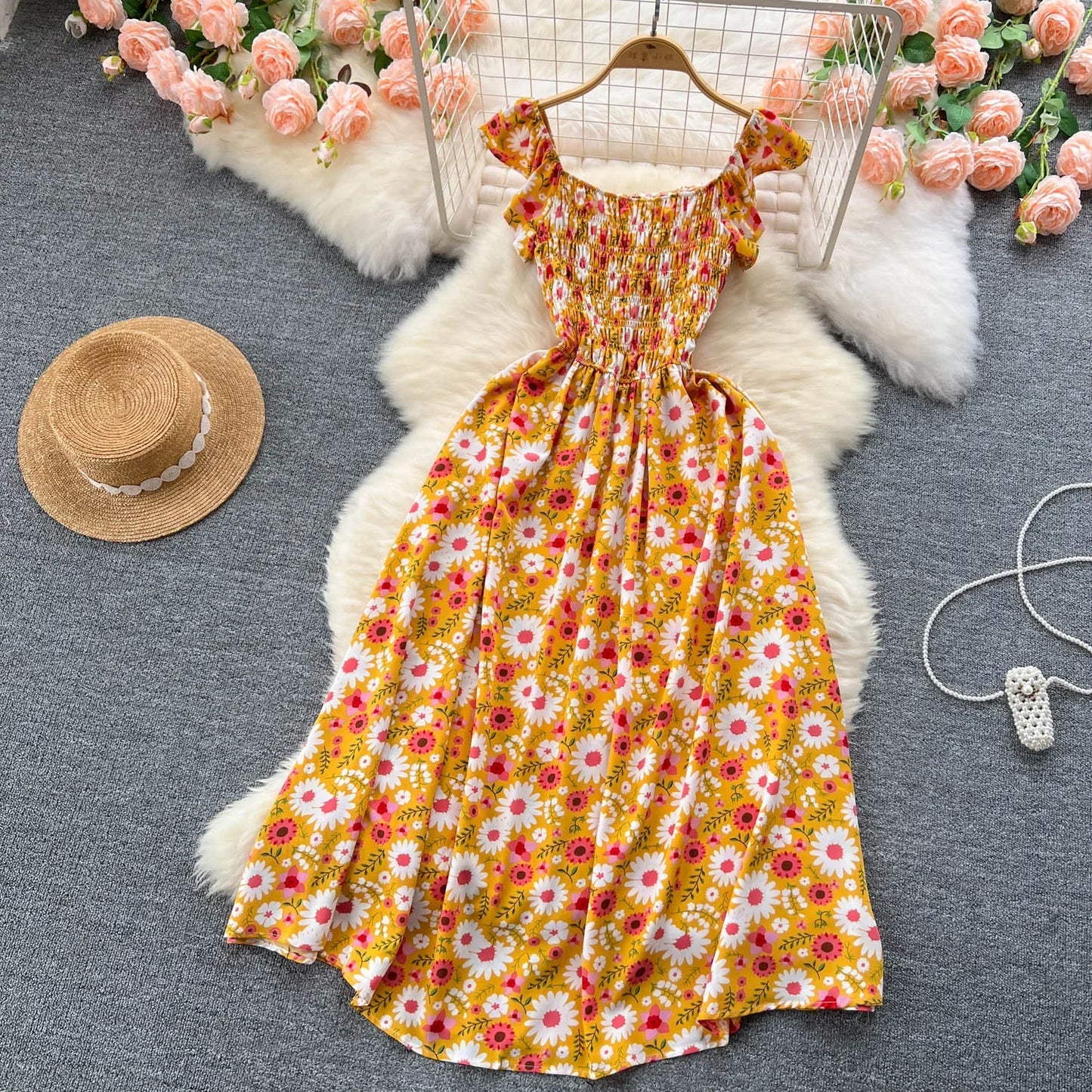 2024 Printing New Summer For Women Dress Pleated Sleeveless Party Long Dress Korean Floral Streetwear Outfits Vacation Vestidos