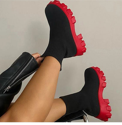 Women Boots Elastic Platform Boots Breathable Spring Summer Heels Botas Mujer Slip On Ankle Boots Elegant Woman Heeled Shoes
