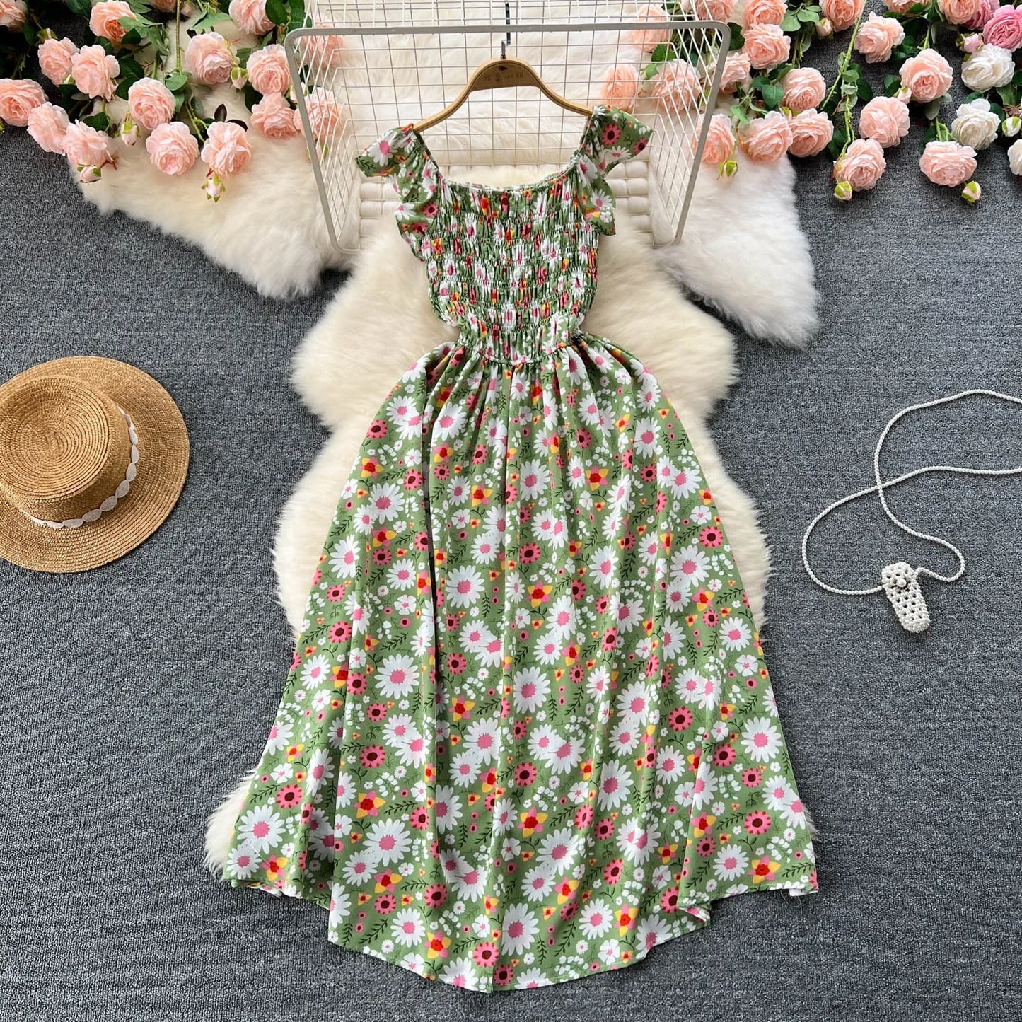 2024 Printing New Summer For Women Dress Pleated Sleeveless Party Long Dress Korean Floral Streetwear Outfits Vacation Vestidos