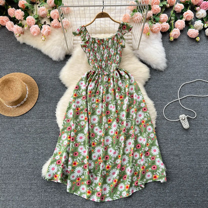 2024 Printing New Summer For Women Dress Pleated Sleeveless Party Long Dress Korean Floral Streetwear Outfits Vacation Vestidos