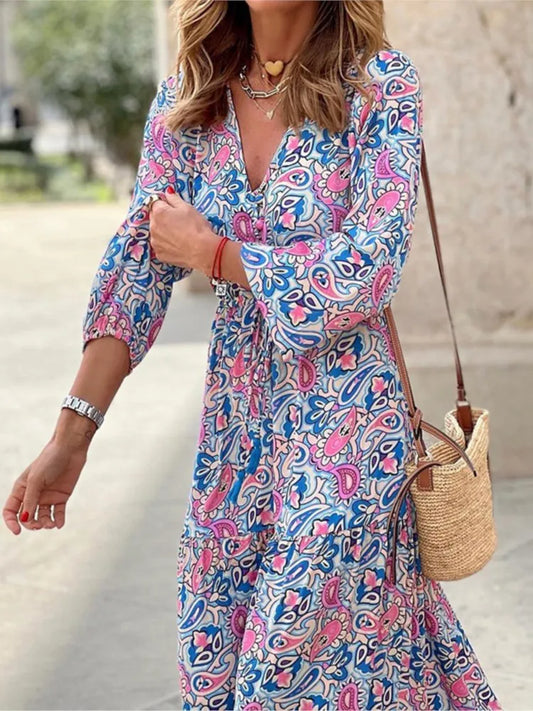 Women's Autumn New Fashionable Printed Sexy V-neck Long Sleeve High Waist Elastic Waist Medium Length Bohemian Dress